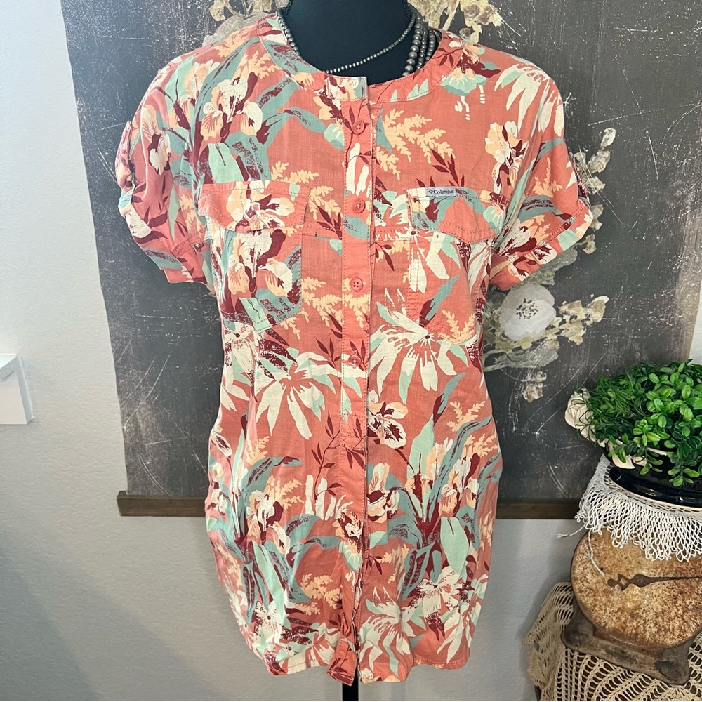 Columbia Orange Green Tropical Floral Short‎ Sleeve Button Up Blouse XS Coastal